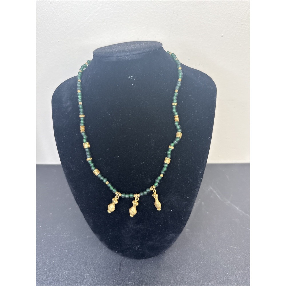 INCA Green Beaded Necklace w/ Matte Gold-Tone Urn Charms 18" Estate Jewelry